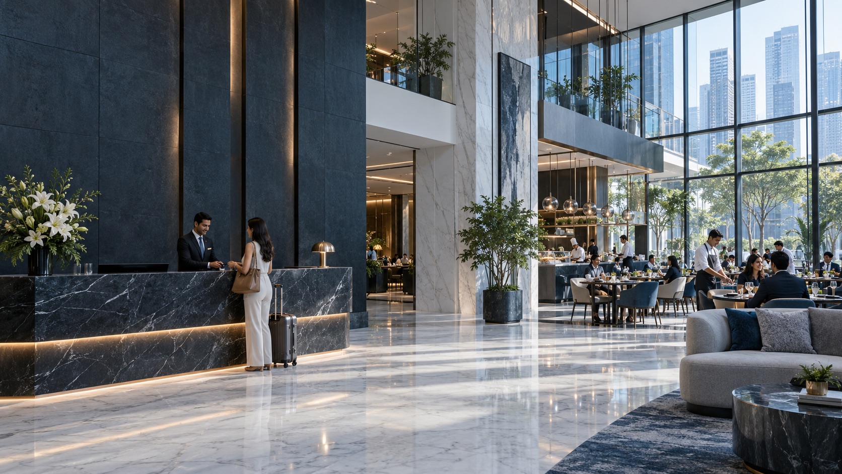 Modern hotel reception and restaurant, connected in one destination
